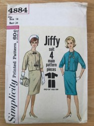 4884 SIMPLICITY 1960S JIFFY SLIM SKIRT, NO COLLAR JACKET SUIT PATTERN 14 34"B uncut